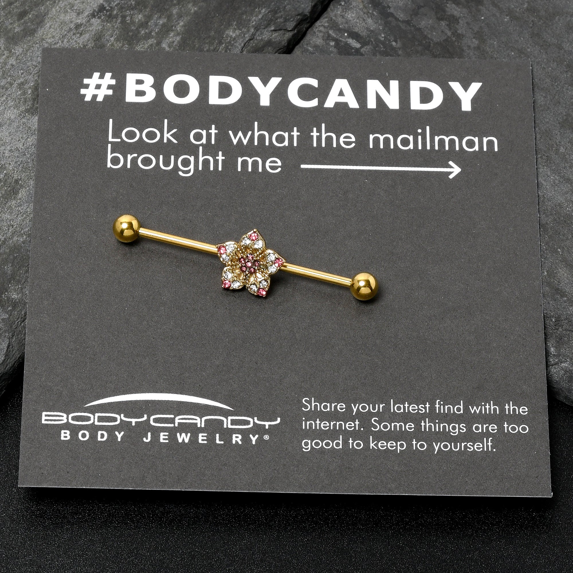BodyCandy 14G Clear Pink Gem Gold Tone Texture Star Industrial Barbell 38mm — alternative angle
