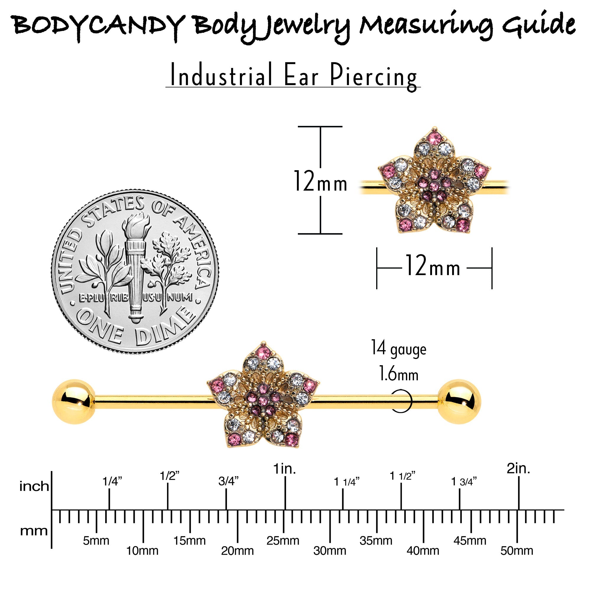 BodyCandy 14G Clear Pink Gem Gold Tone Texture Star Industrial Barbell 38mm — in-use photo