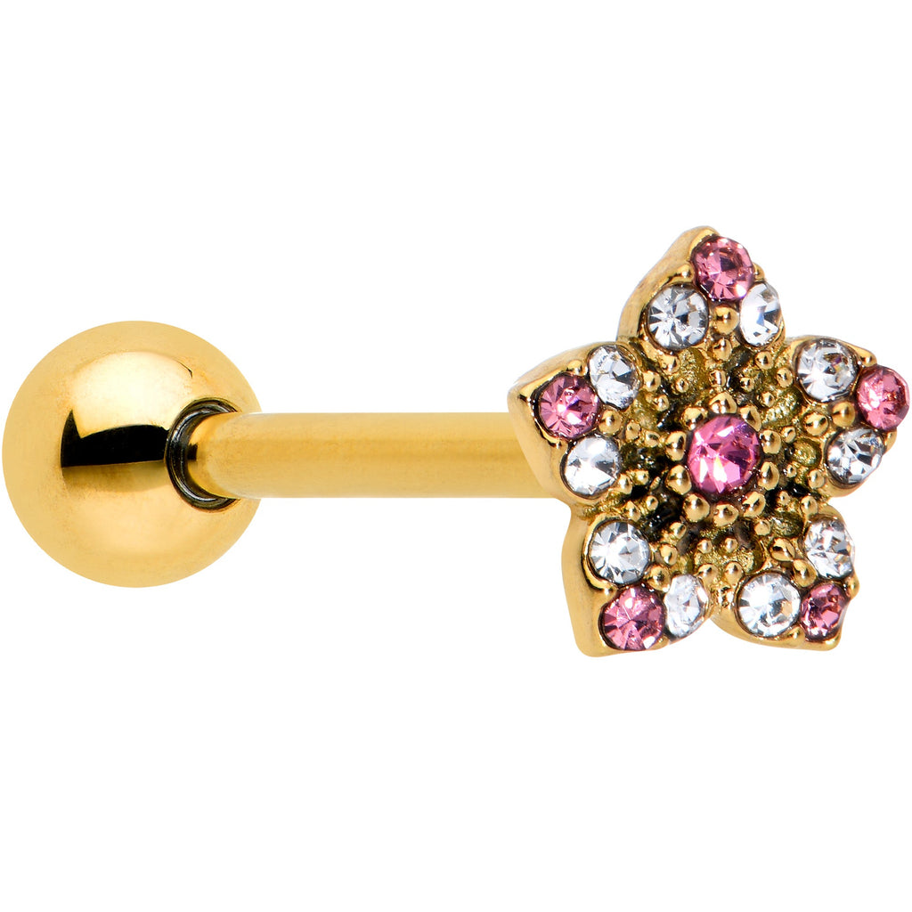 BodyCandy Pink Clear Gem Gold Tone Texture Star Barbell Tongue Ring — main product shot