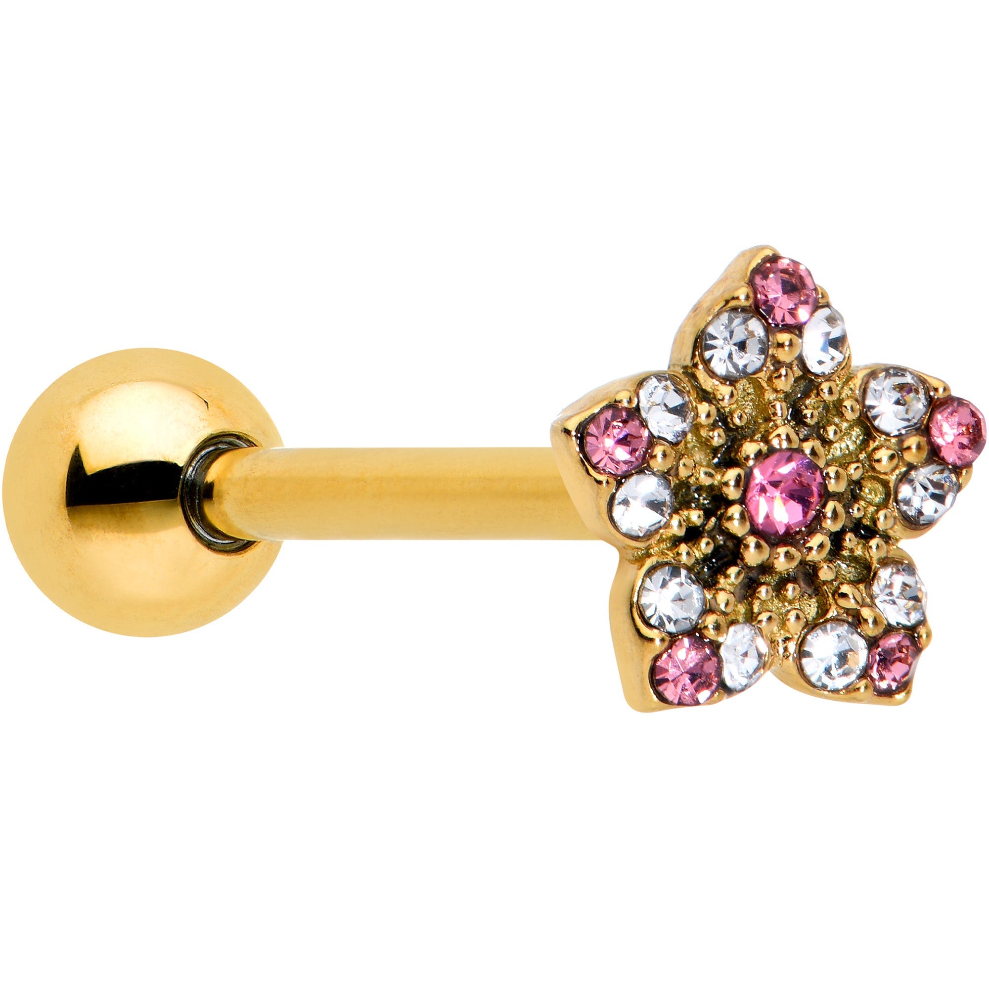 BodyCandy Pink Clear Gem Gold Tone Texture Star Barbell Tongue Ring — main product shot