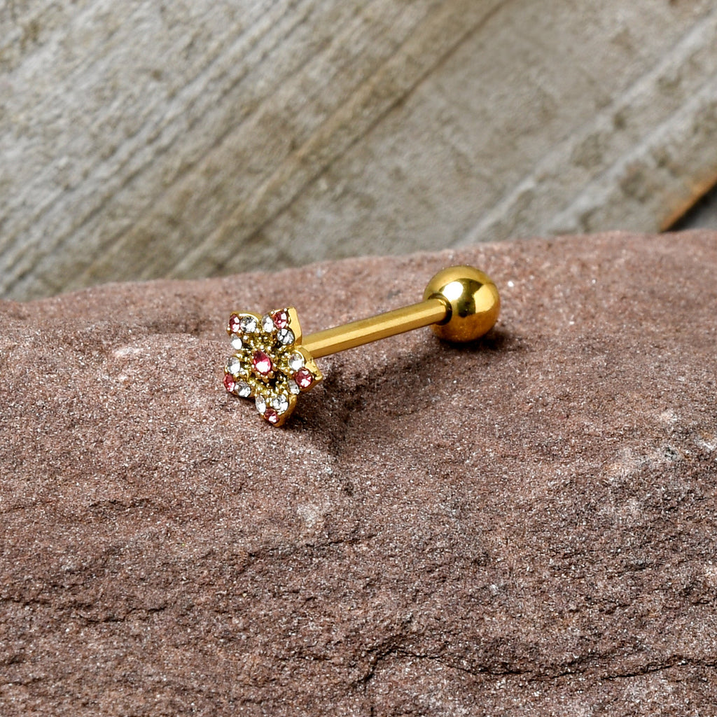 BodyCandy Pink Clear Gem Gold Tone Texture Star Barbell Tongue Ring — side view