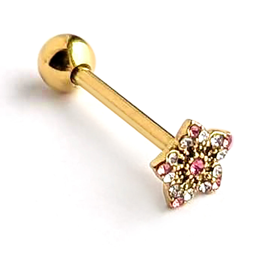 BodyCandy Pink Clear Gem Gold Tone Texture Star Barbell Tongue Ring — back view
