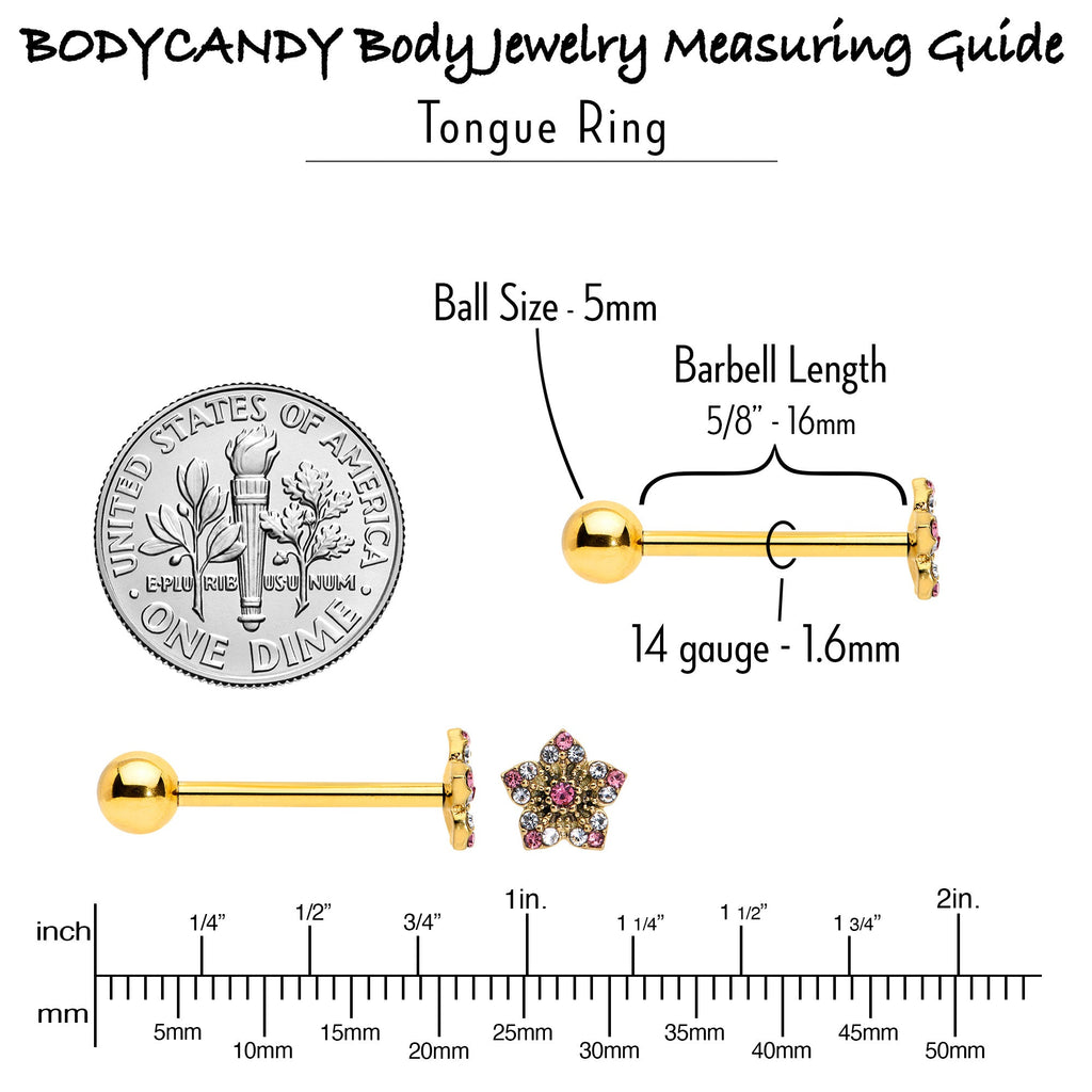 BodyCandy Pink Clear Gem Gold Tone Texture Star Barbell Tongue Ring — alternative angle
