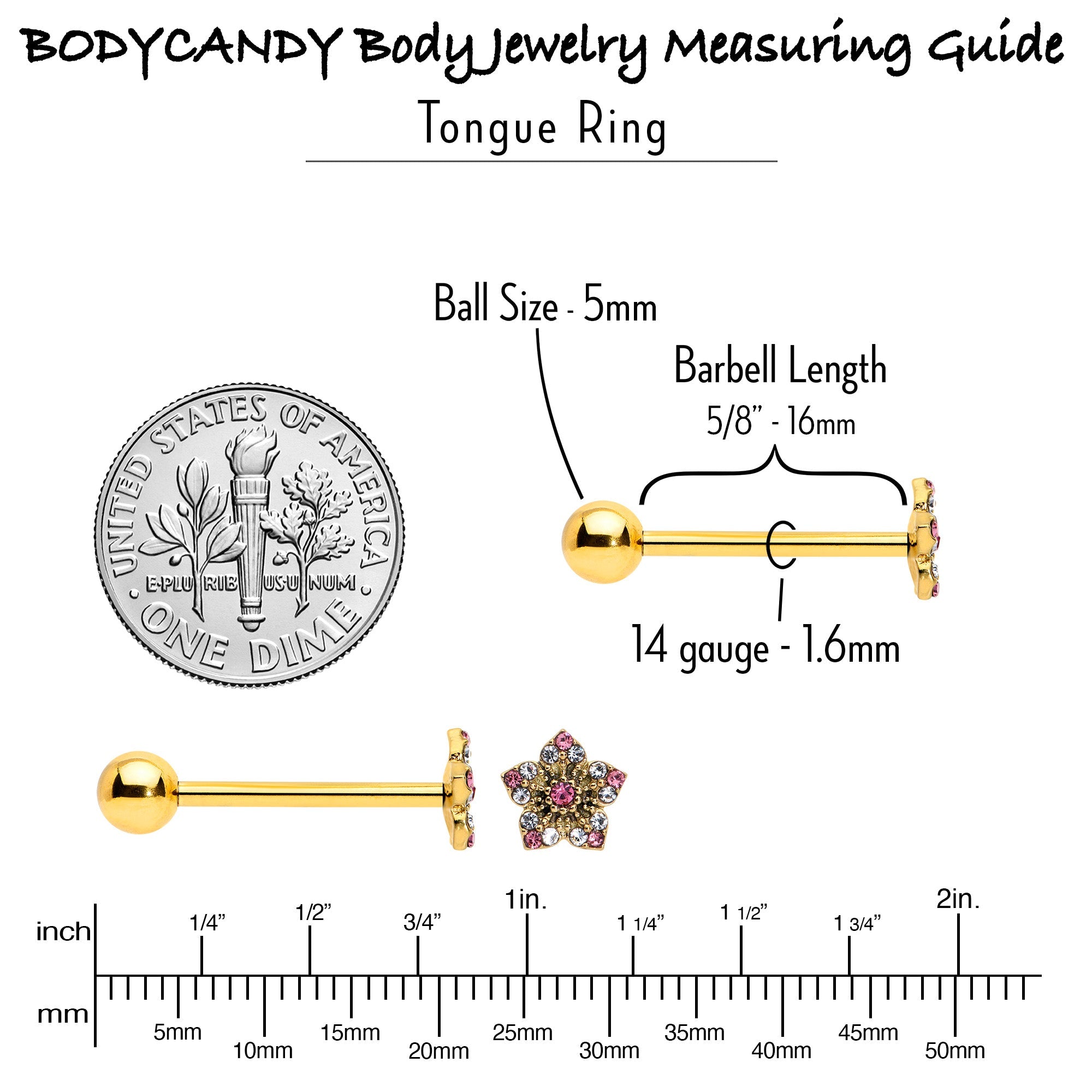 BodyCandy Pink Clear Gem Gold Tone Texture Star Barbell Tongue Ring — alternative angle