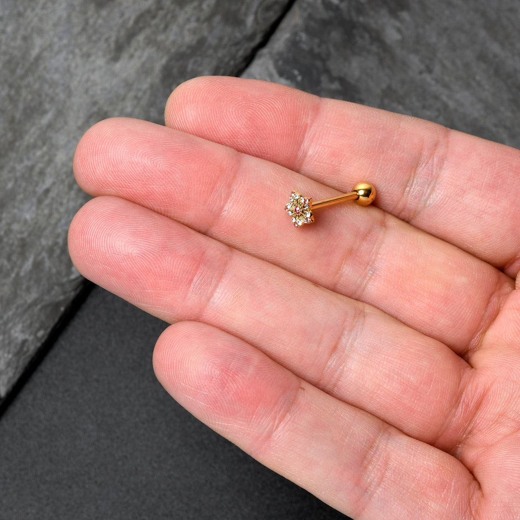 BodyCandy Pink Clear Gem Gold Tone Texture Star Barbell Tongue Ring — in-use photo