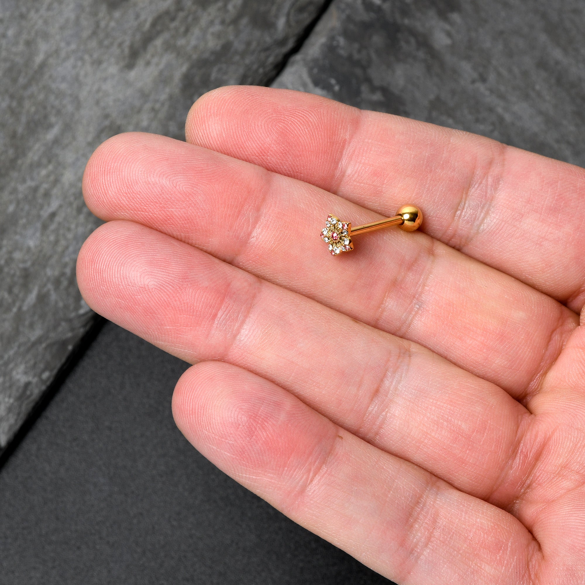 BodyCandy Pink Clear Gem Gold Tone Texture Star Barbell Tongue Ring — in-use photo
