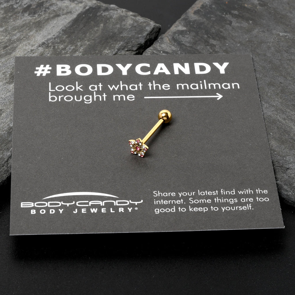 BodyCandy Pink Clear Gem Gold Tone Texture Star Barbell Tongue Ring — size reference