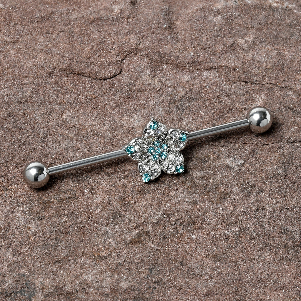 BodyCandy 14G Blue Clear Gem Opulent Flower Industrial Barbell 38mm — detail close-up