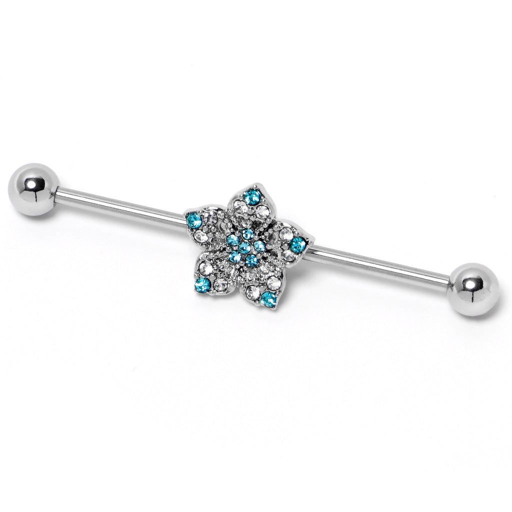 BodyCandy 14G Blue Clear Gem Opulent Flower Industrial Barbell 38mm — lifestyle context
