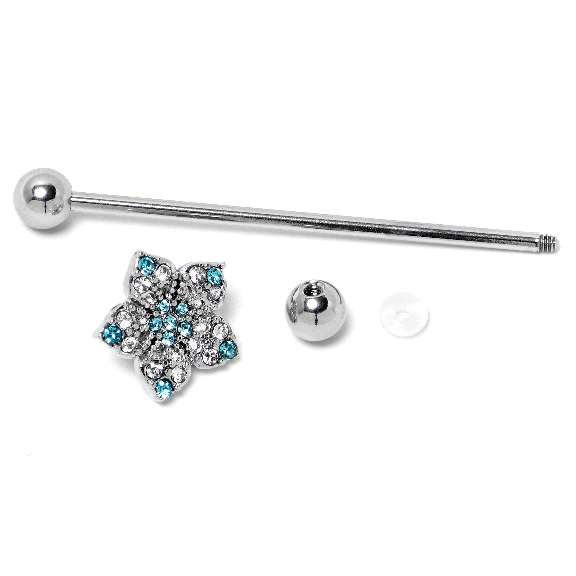 BodyCandy 14G Blue Clear Gem Opulent Flower Industrial Barbell 38mm — side view