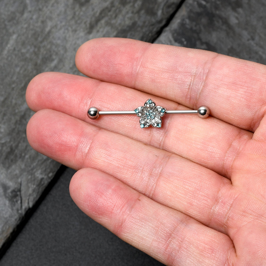 BodyCandy 14G Blue Clear Gem Opulent Flower Industrial Barbell 38mm — back view