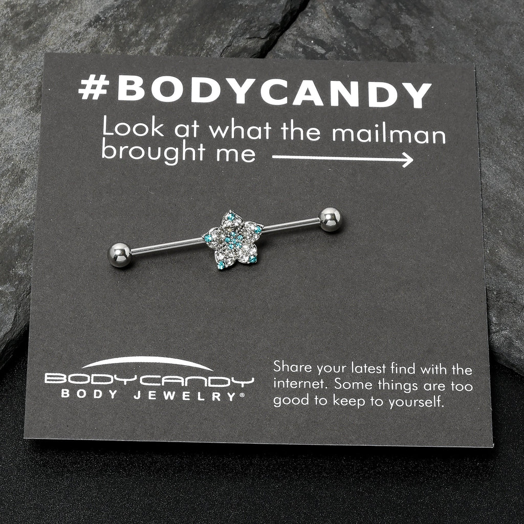 BodyCandy 14G Blue Clear Gem Opulent Flower Industrial Barbell 38mm — alternative angle