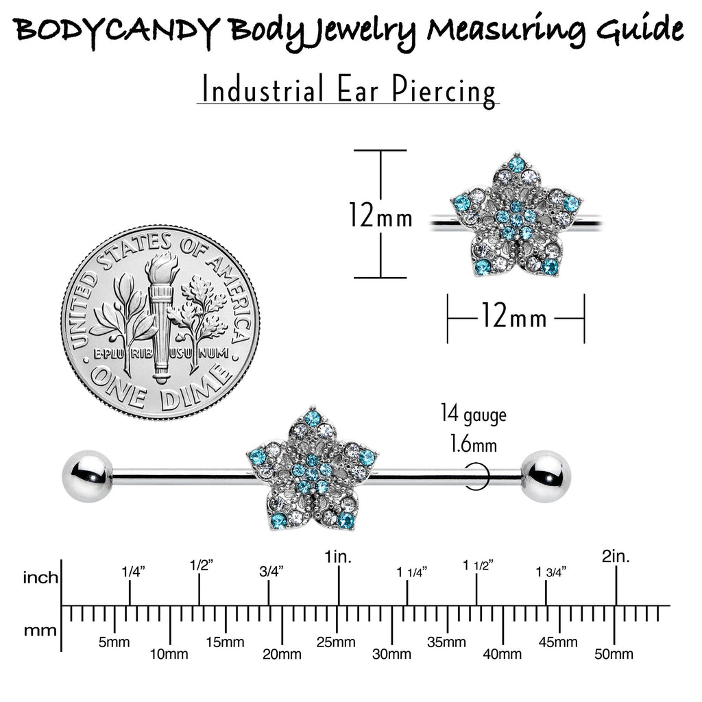 BodyCandy 14G Blue Clear Gem Opulent Flower Industrial Barbell 38mm — in-use photo