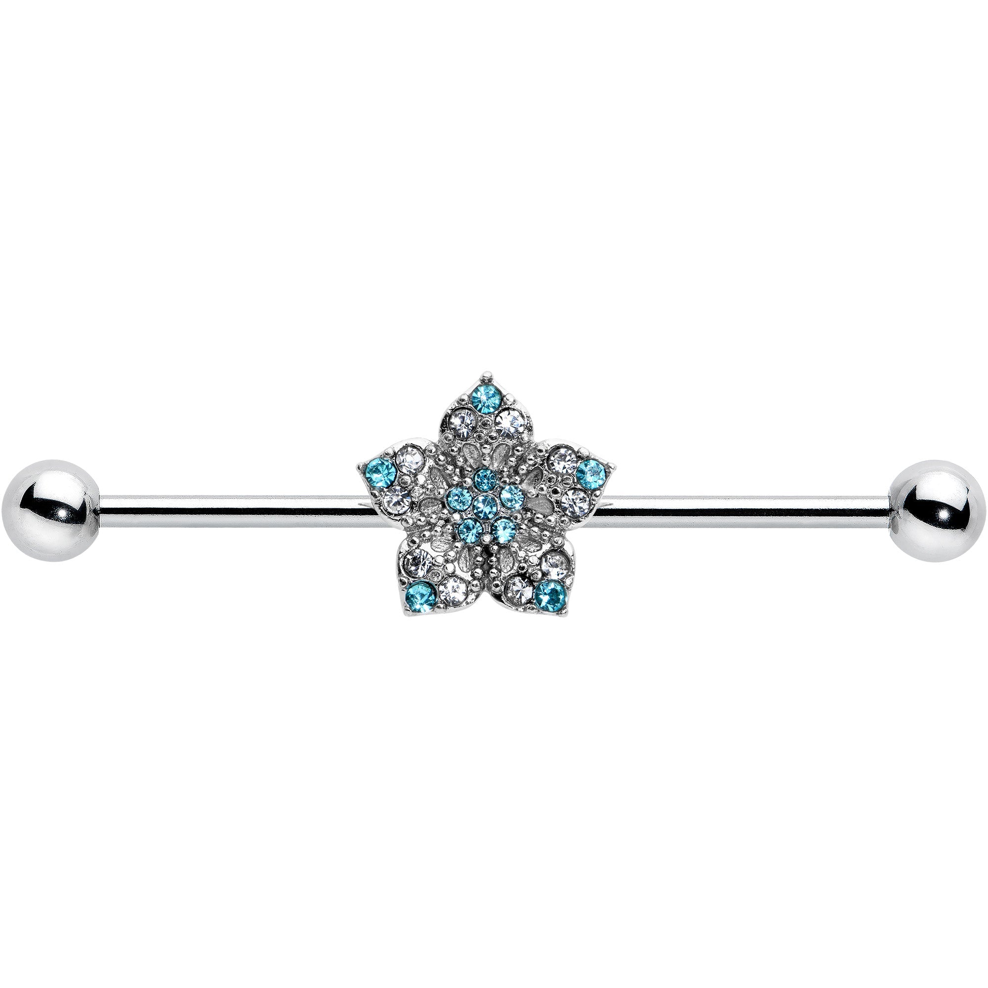 BodyCandy 14G Blue Clear Gem Opulent Flower Industrial Barbell 38mm — size reference