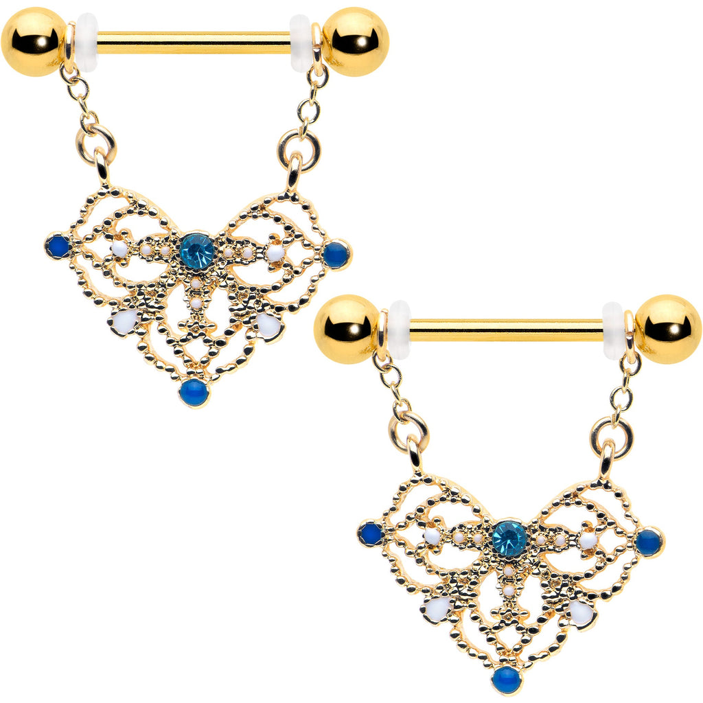 BodyCandy 14G 9/16 Blue Gem Gold Tone Lacy Rhombus Dangle Nipple Ring Set — main product shot