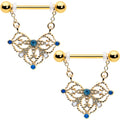 BodyCandy 14G 9/16 Blue Gem Gold Tone Lacy Rhombus Dangle Nipple Ring Set — main product shot