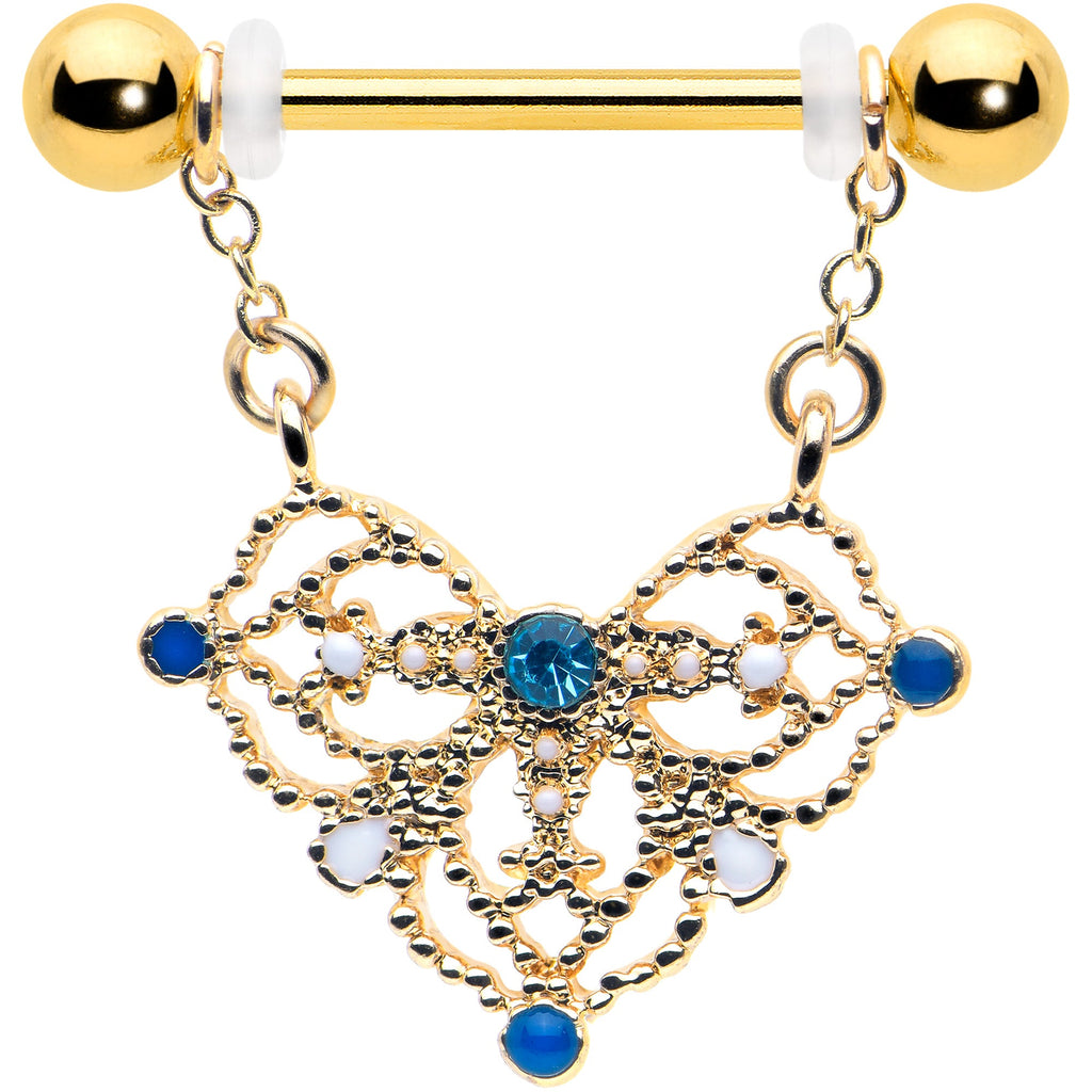 BodyCandy 14G 9/16 Blue Gem Gold Tone Lacy Rhombus Dangle Nipple Ring Set — detail close-up