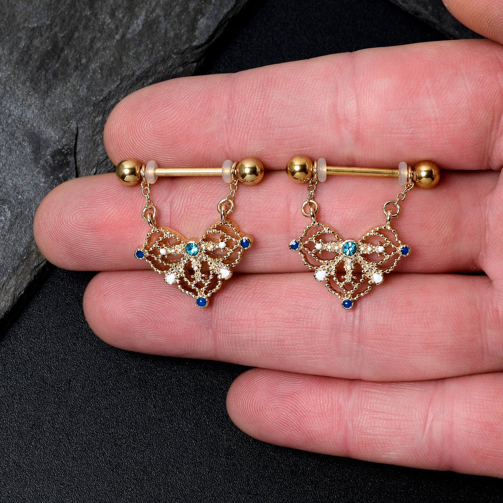 BodyCandy 14G 9/16 Blue Gem Gold Tone Lacy Rhombus Dangle Nipple Ring Set — lifestyle context
