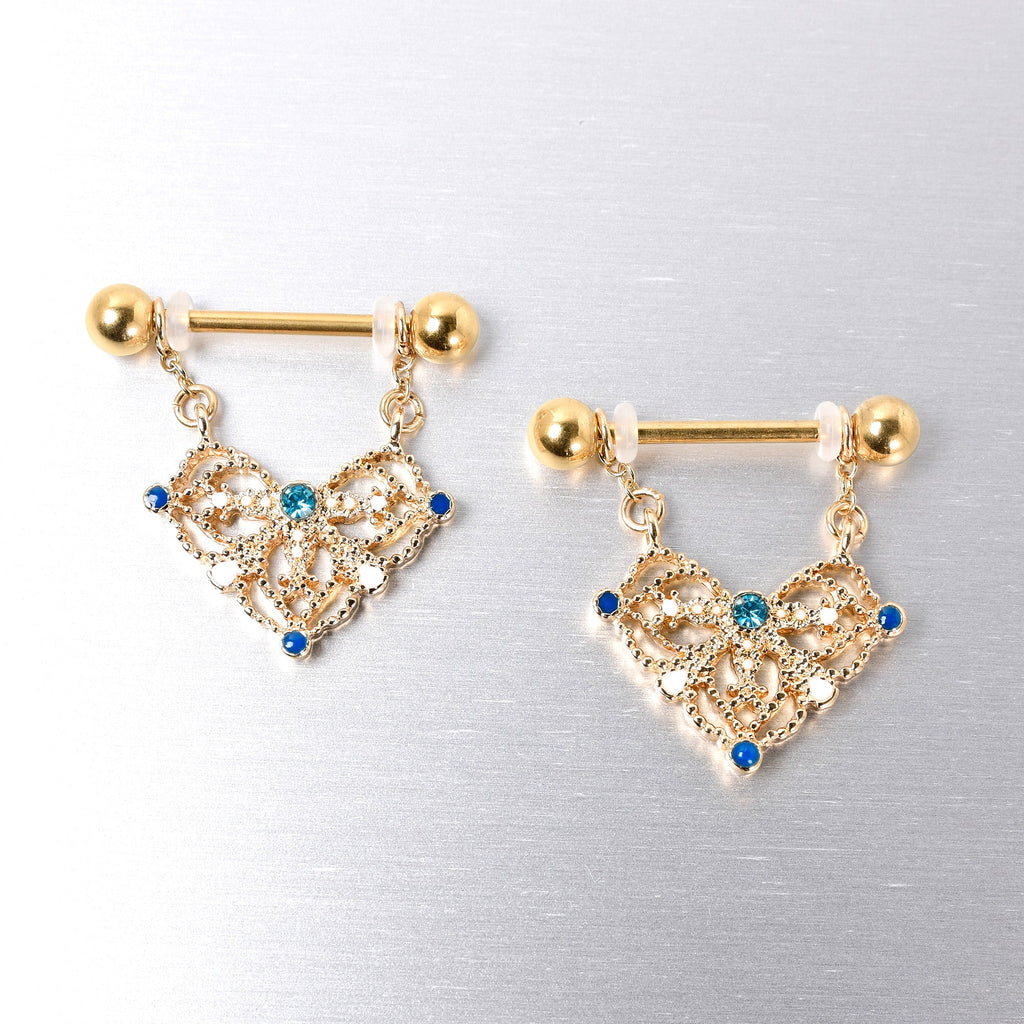 BodyCandy 14G 9/16 Blue Gem Gold Tone Lacy Rhombus Dangle Nipple Ring Set — side view