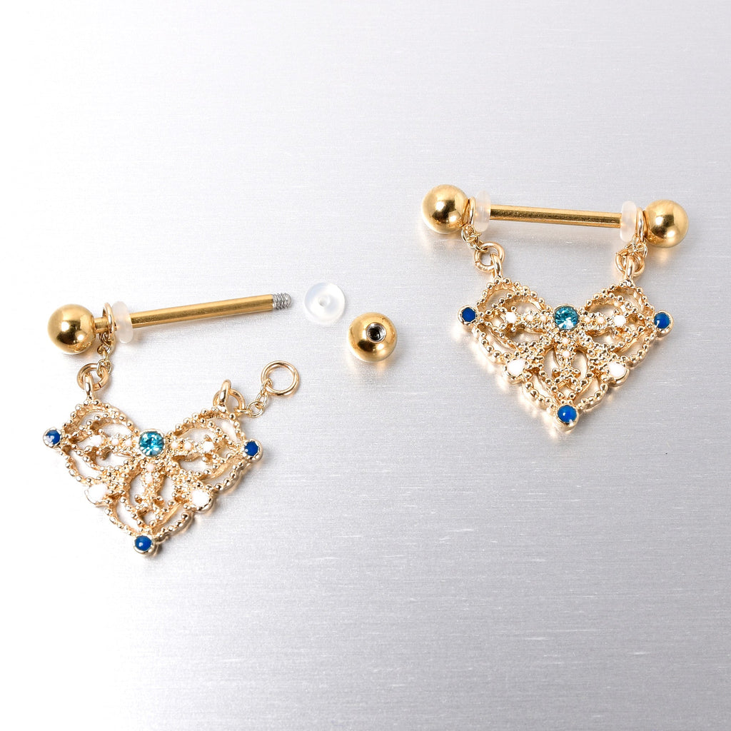 BodyCandy 14G 9/16 Blue Gem Gold Tone Lacy Rhombus Dangle Nipple Ring Set — back view