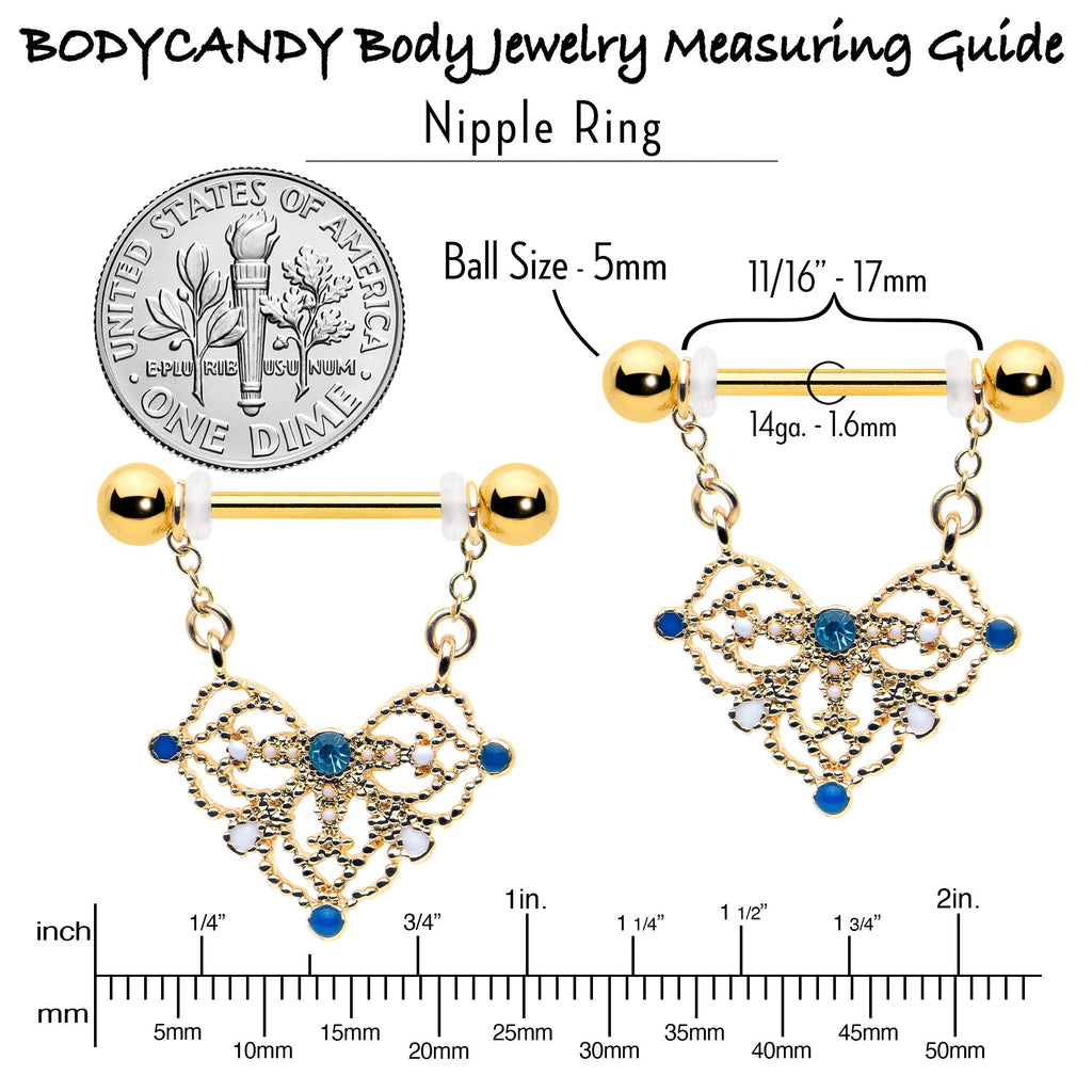 BodyCandy 14G 9/16 Blue Gem Gold Tone Lacy Rhombus Dangle Nipple Ring Set — alternative angle