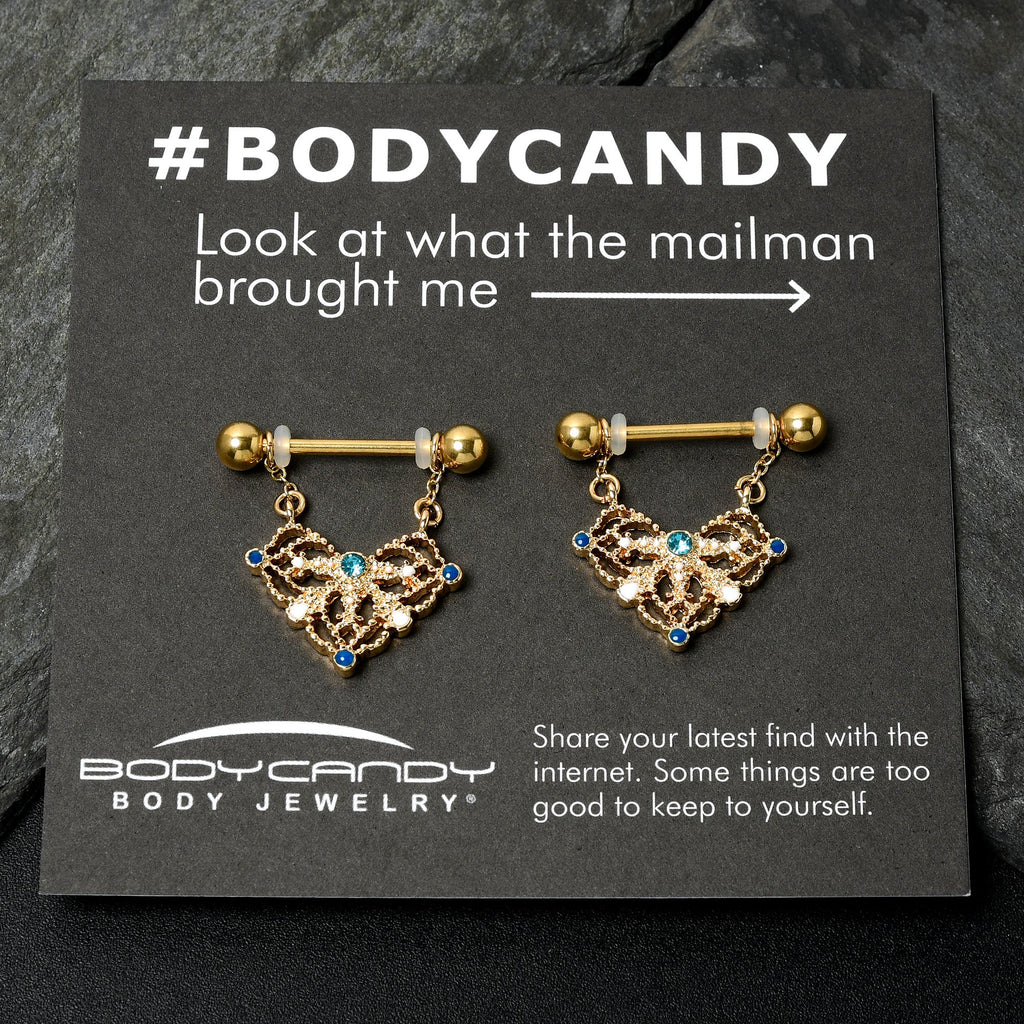 BodyCandy 14G 9/16 Blue Gem Gold Tone Lacy Rhombus Dangle Nipple Ring Set — in-use photo