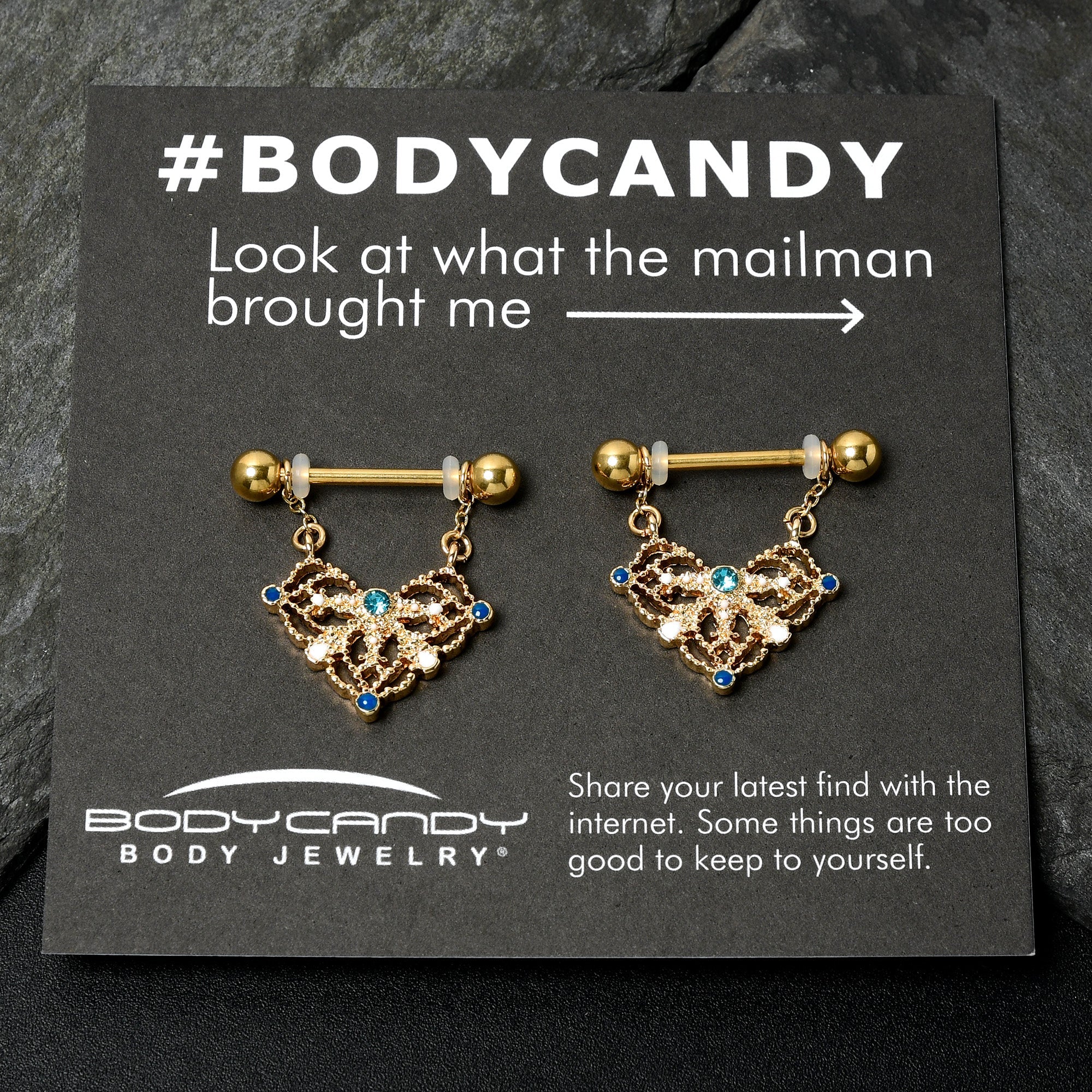 BodyCandy 14G 9/16 Blue Gem Gold Tone Lacy Rhombus Dangle Nipple Ring Set — in-use photo