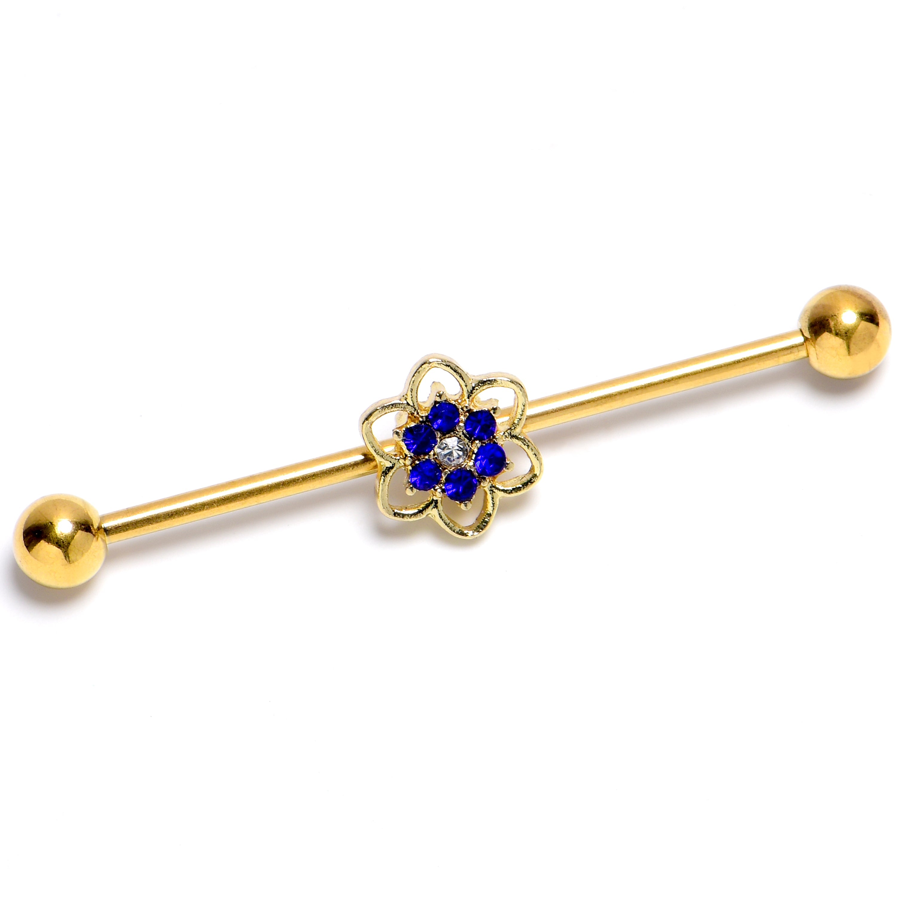 BodyCandy 14G Blue Gem Gold Tone Radiant Bloom Flower Industrial Barbell 38mm — main product shot