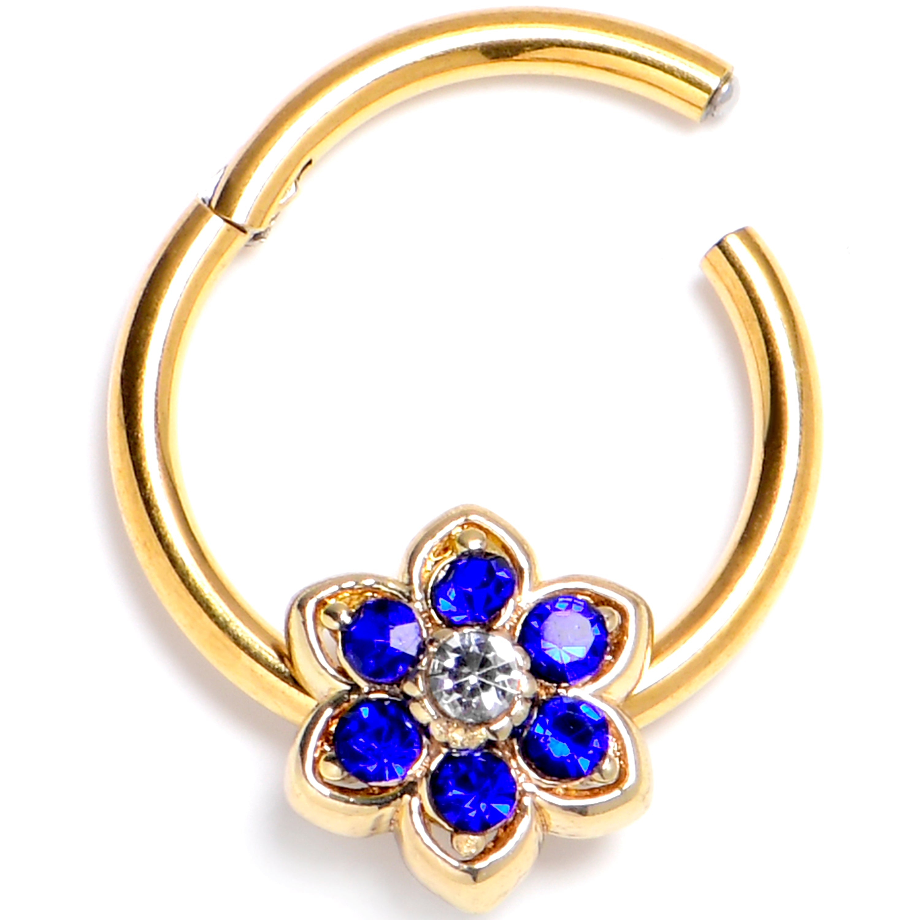 BodyCandy 16G 3/8 Blue Gem Gold Tone Radiant Bloom Flower Hinged Segment Ring — main product shot