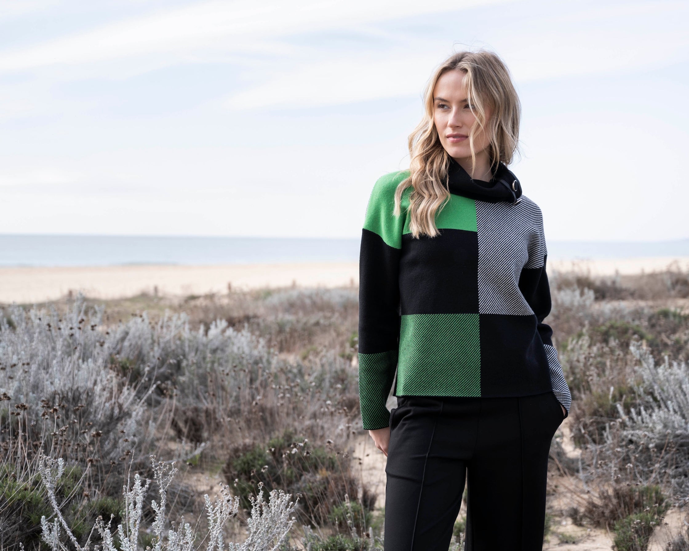 KADOU BOUTIQUE Checkered Cowl Neck Sweater — lifestyle context