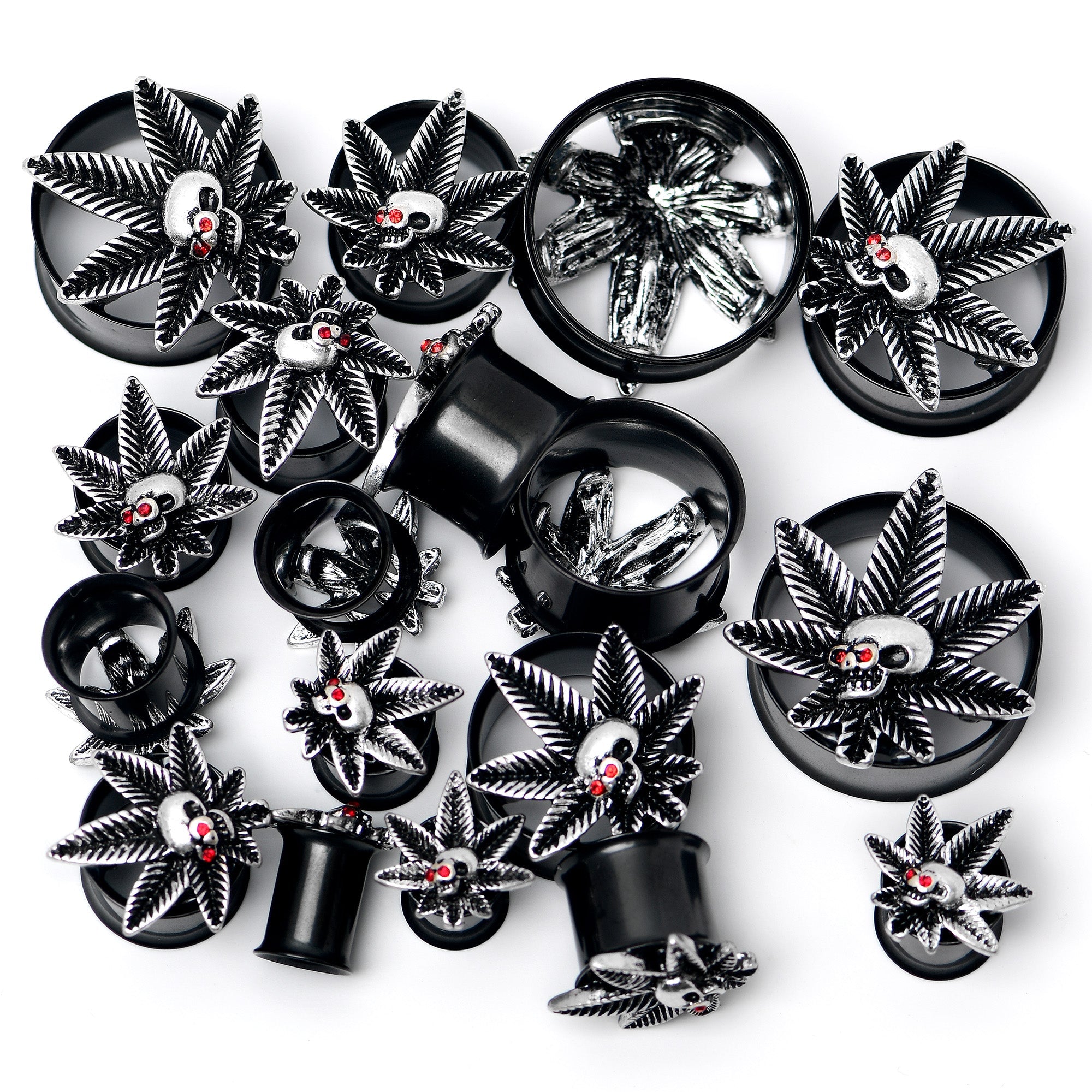 BodyCandy Red Gem Black Pot Leaf Skull Tunnel Plug Set — main product shot