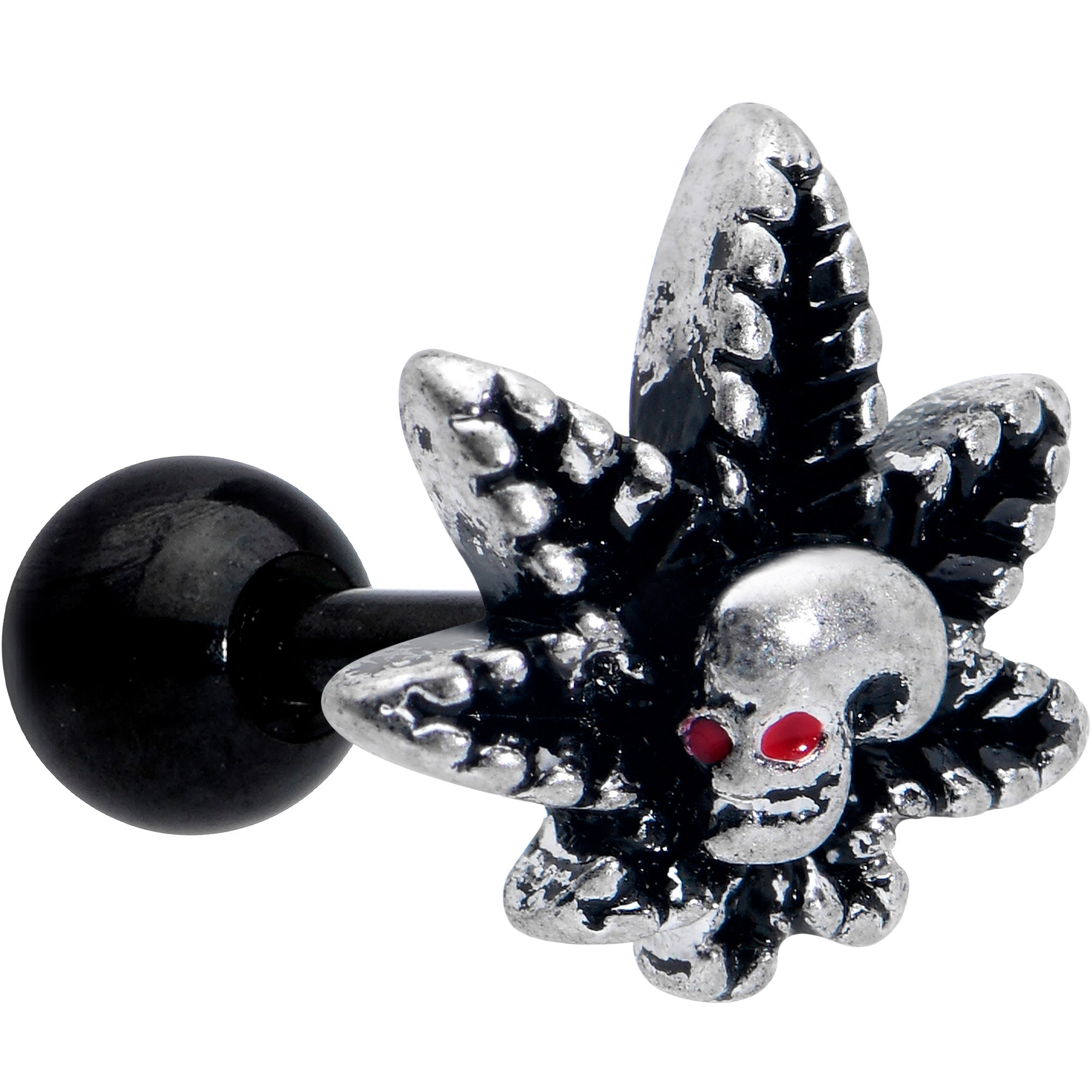 BodyCandy 16G 1/4 Red Gem Black Pot Leaf Skull Cartilage Tragus Earring — main product shot