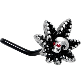 20G 7mm Red Gem Black Pot Leaf Skull L Shape Nose Ring
