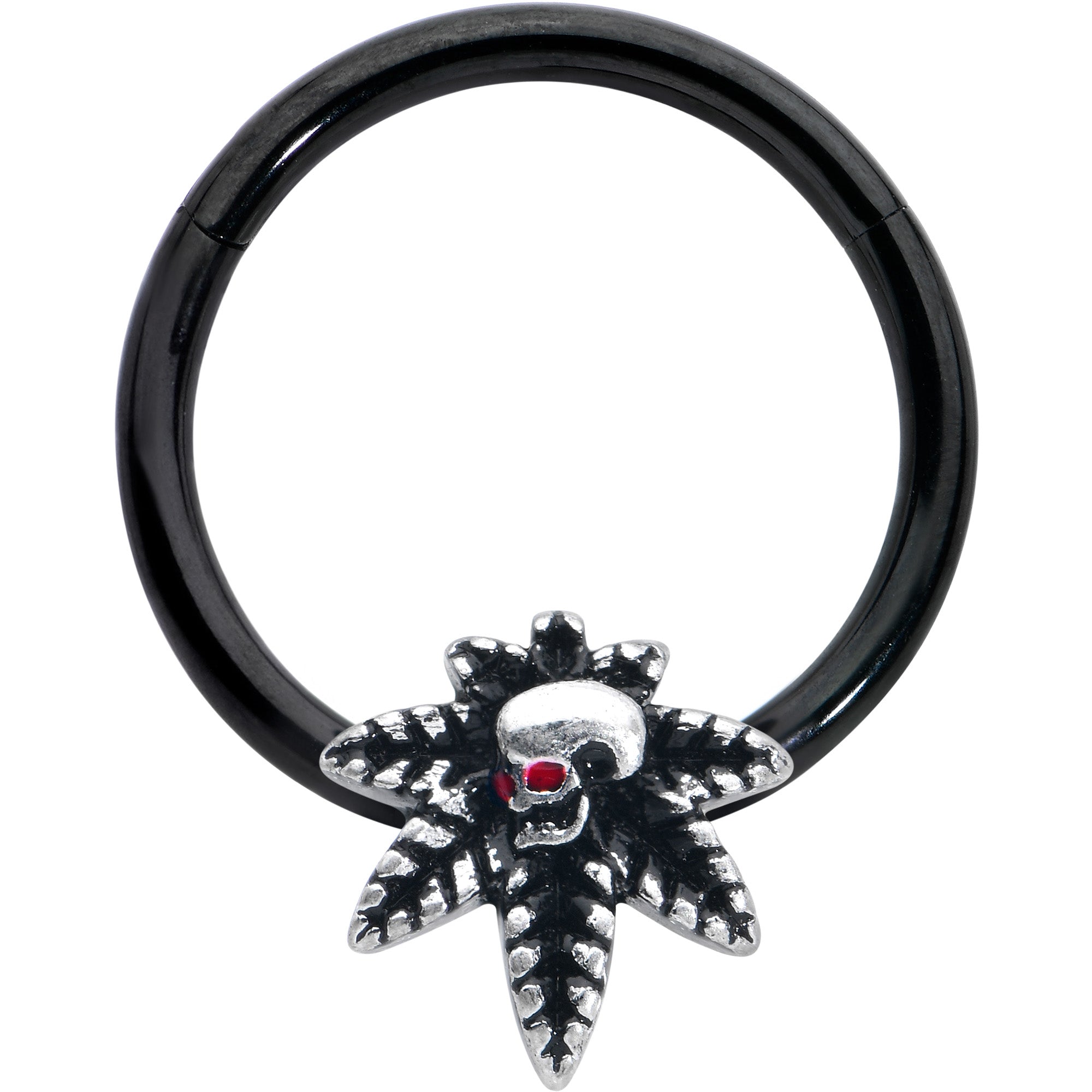 BodyCandy 16G 3/8 Red Gem Black Pot Leaf Skull Hinged Segment Ring — main product shot