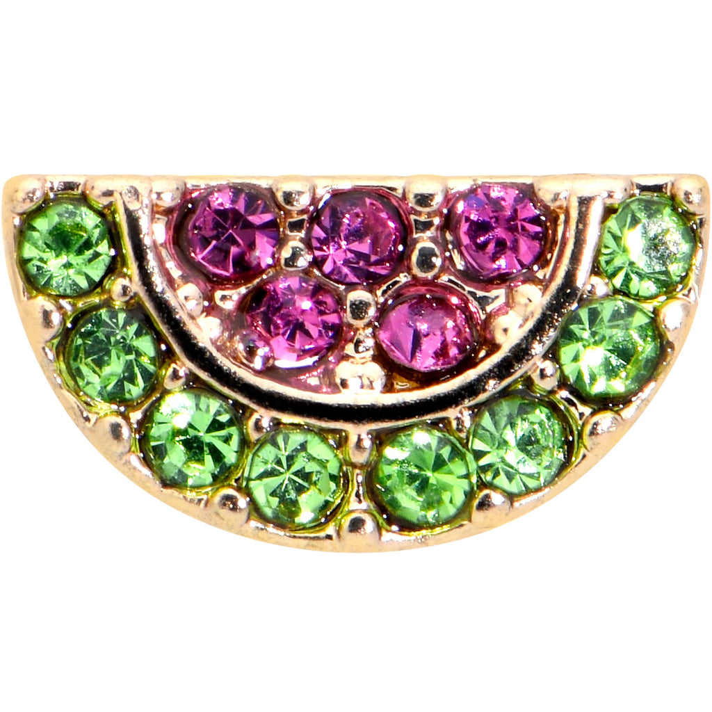 BodyCandy 16G 5/16 Pink Green Gem Gold Tone Watermelon Labret Monroe Tragus — detail close-up