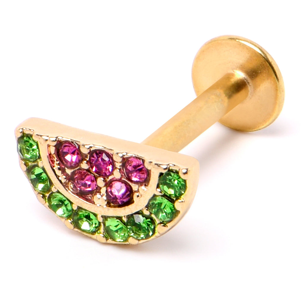 BodyCandy 16G 5/16 Pink Green Gem Gold Tone Watermelon Labret Monroe Tragus — back view