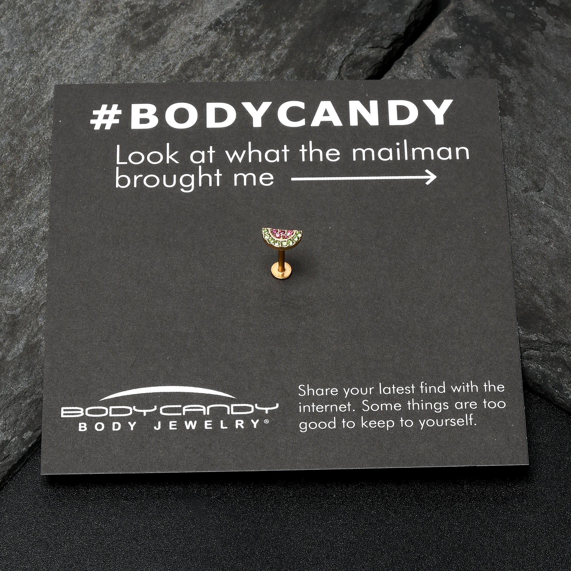 BodyCandy 16G 5/16 Pink Green Gem Gold Tone Watermelon Labret Monroe Tragus — in-use photo