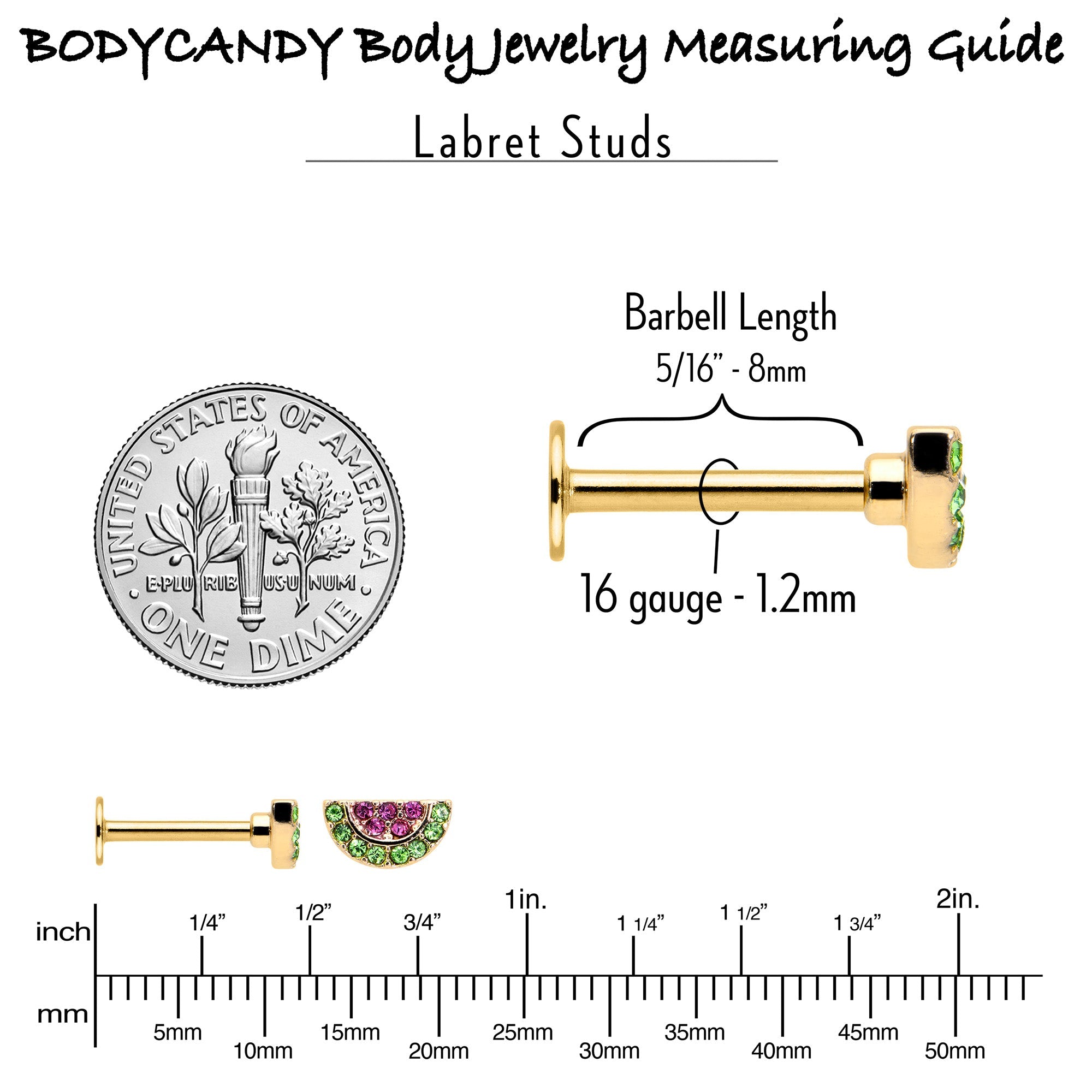 BodyCandy 16G 5/16 Pink Green Gem Gold Tone Watermelon Labret Monroe Tragus — size reference