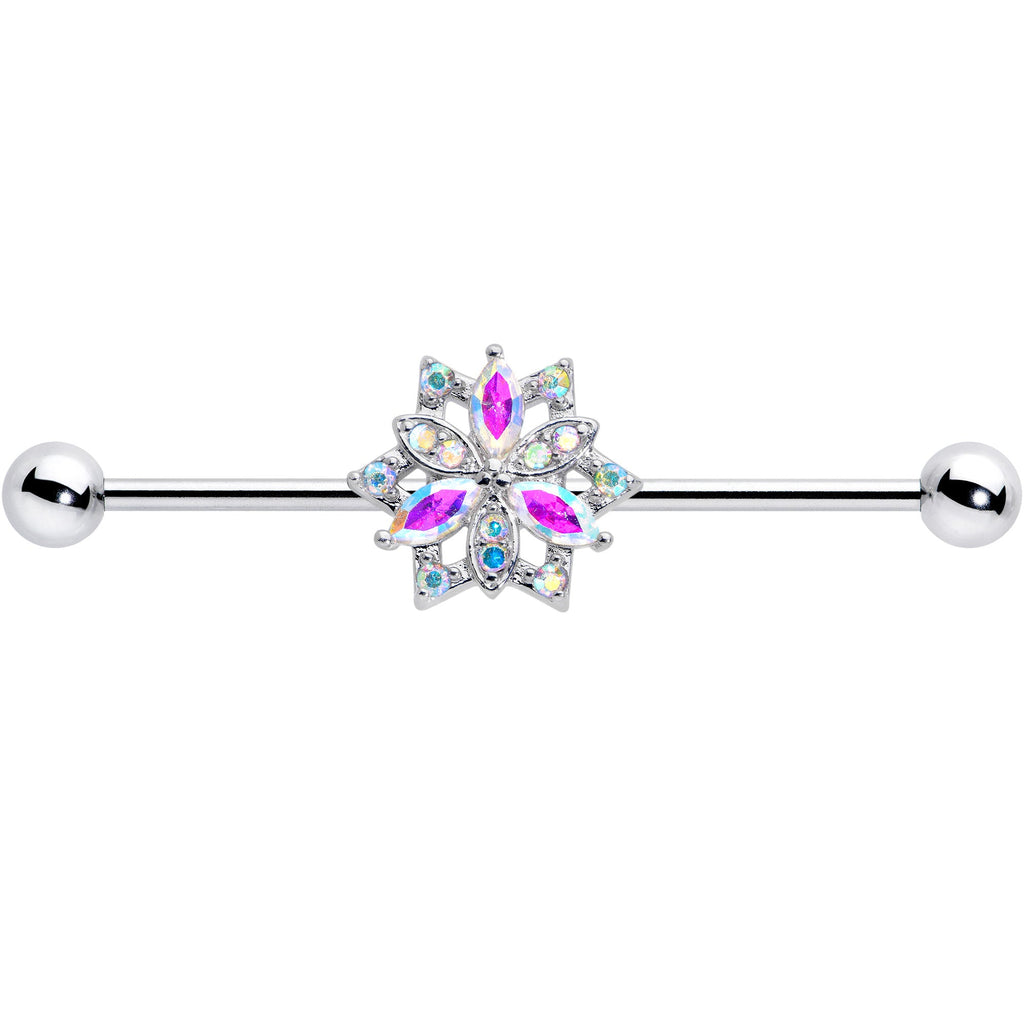 BodyCandy 14G Aurora CZ Gem Snowflake Style Industrial Barbell 38mm — detail close-up