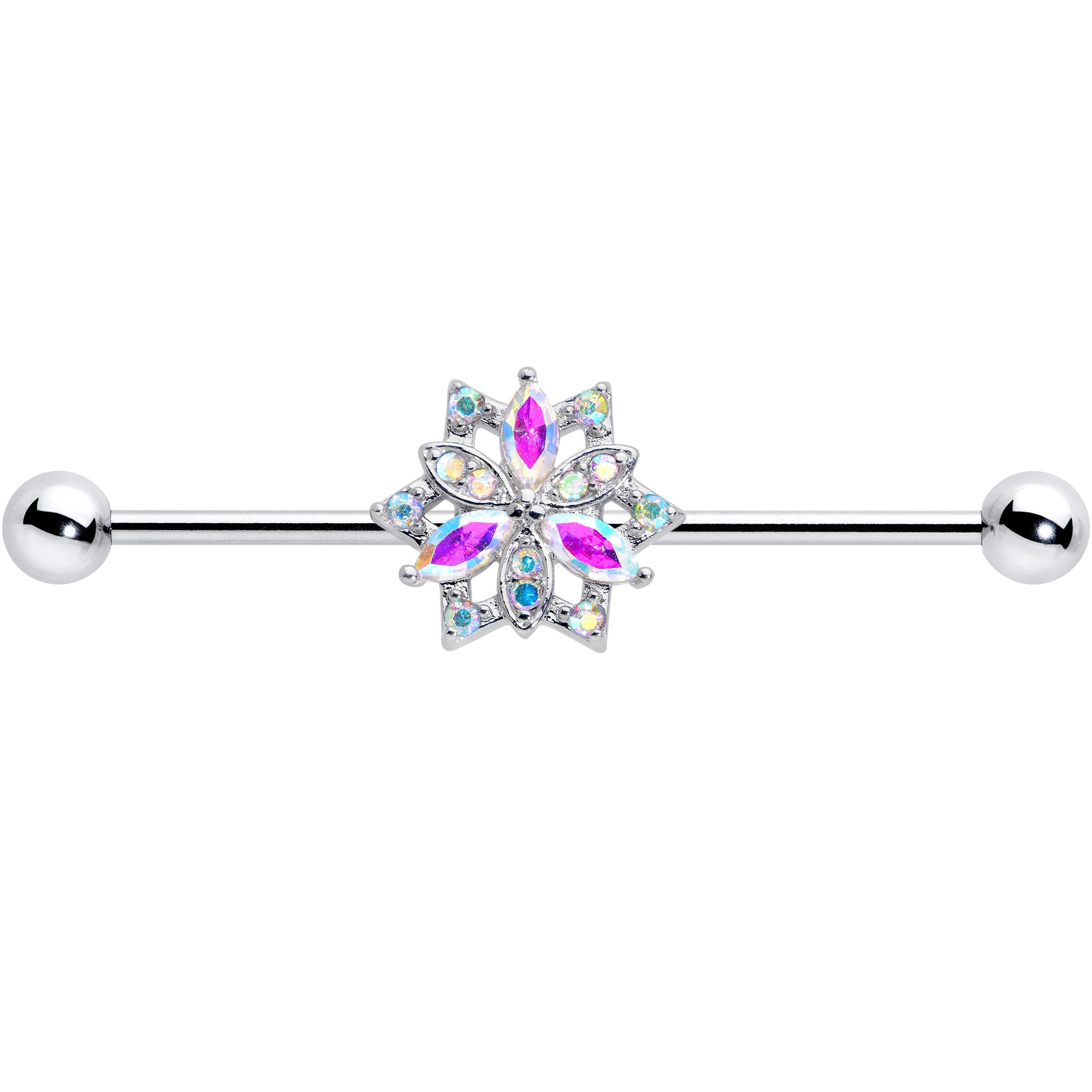 BodyCandy 14G Aurora CZ Gem Snowflake Style Industrial Barbell 38mm — detail close-up