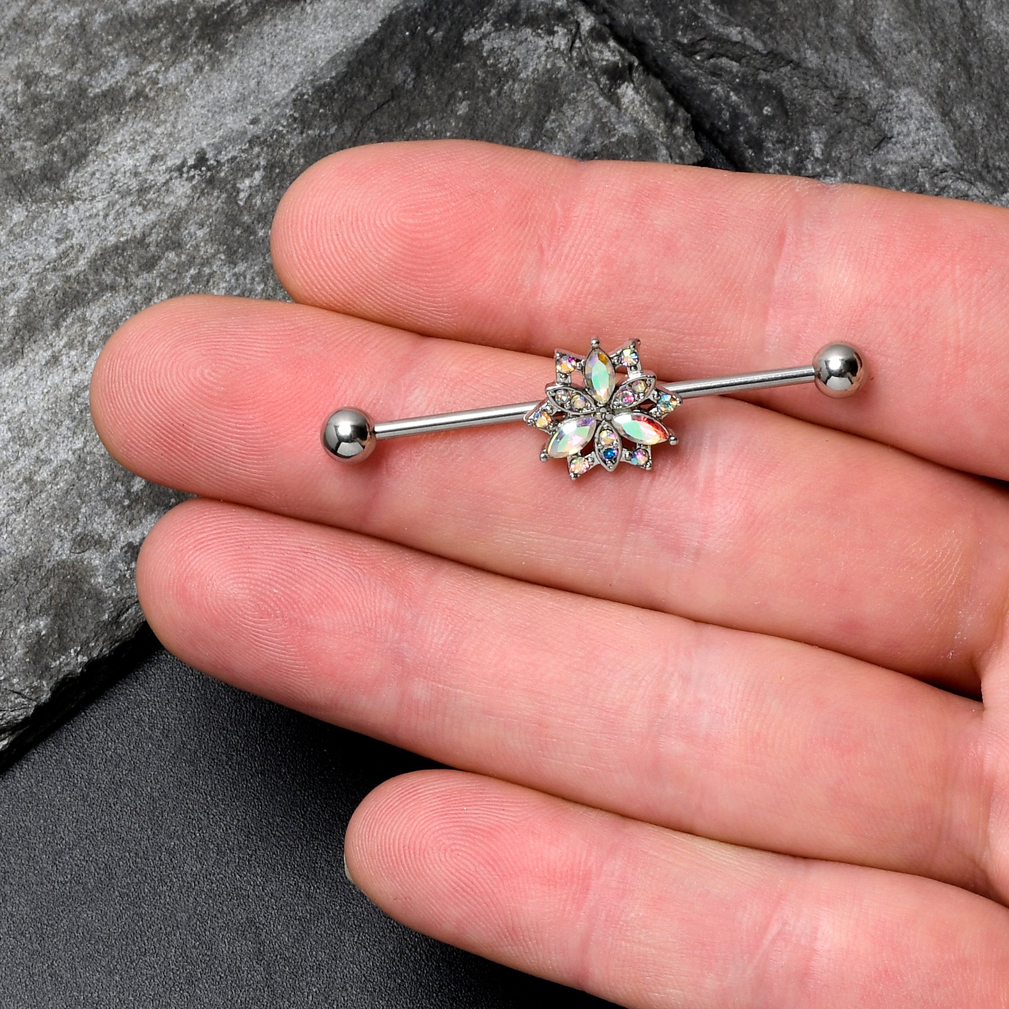 BodyCandy 14G Aurora CZ Gem Snowflake Style Industrial Barbell 38mm — lifestyle context