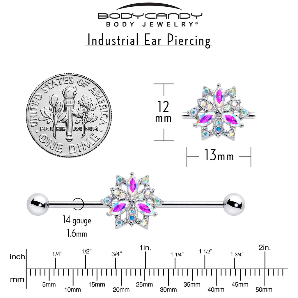 BodyCandy 14G Aurora CZ Gem Snowflake Style Industrial Barbell 38mm — side view