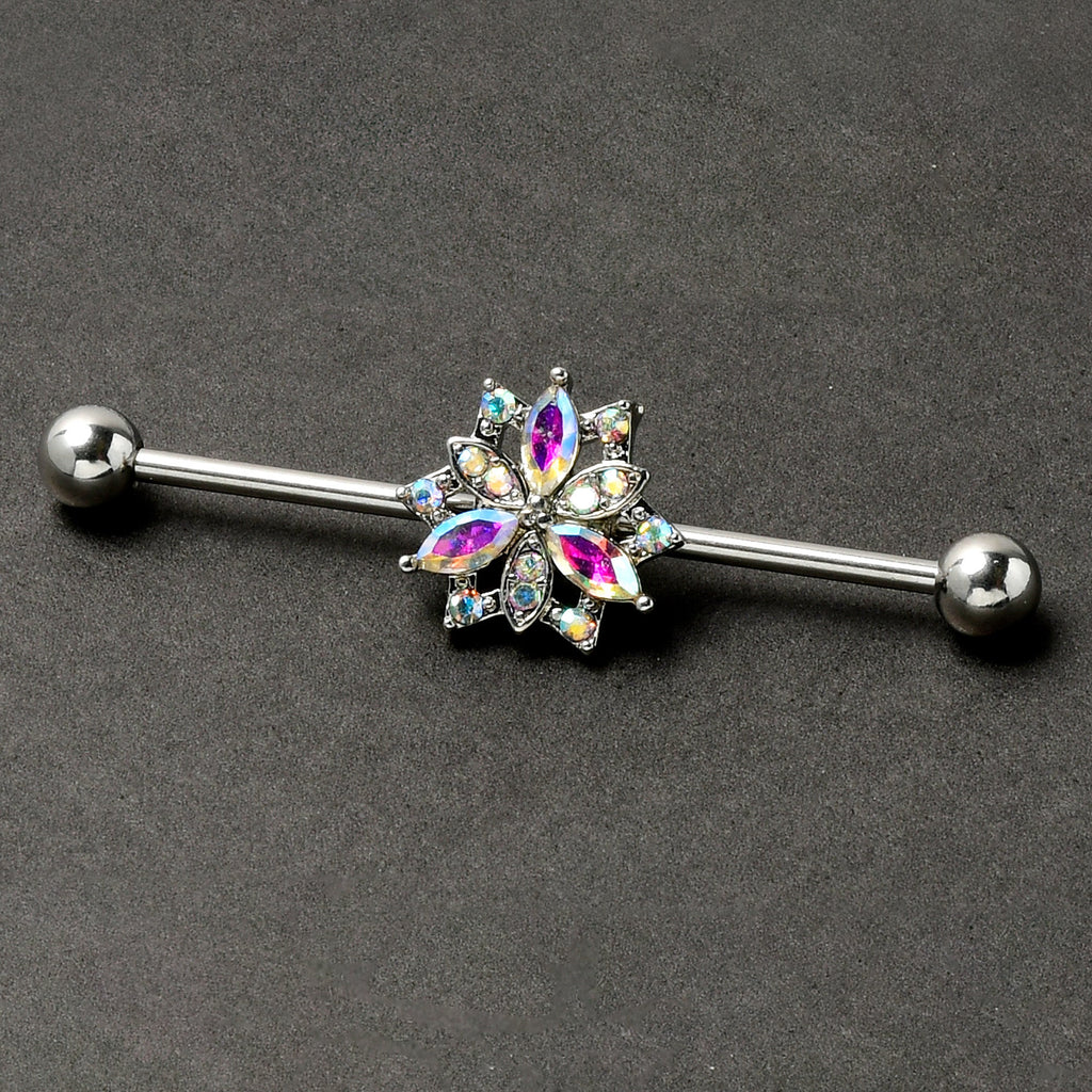 BodyCandy 14G Aurora CZ Gem Snowflake Style Industrial Barbell 38mm — back view
