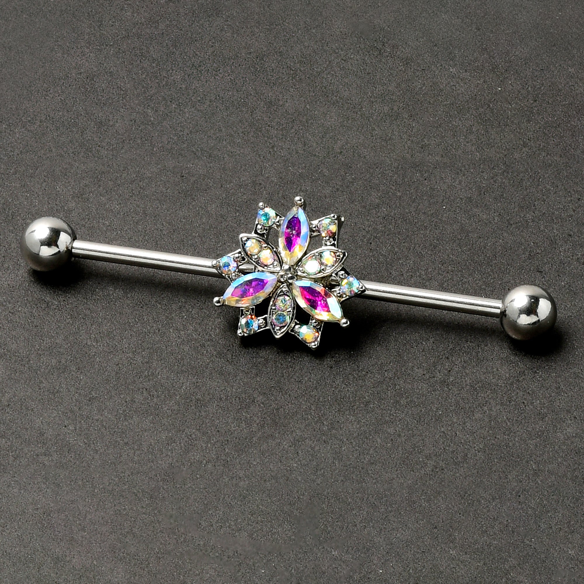 BodyCandy 14G Aurora CZ Gem Snowflake Style Industrial Barbell 38mm — back view