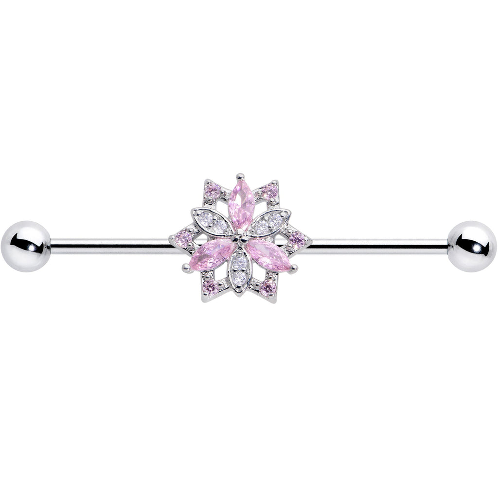 BodyCandy 14G Pink Clear CZ Gem Snowflake Style Industrial Barbell 38mm — detail close-up
