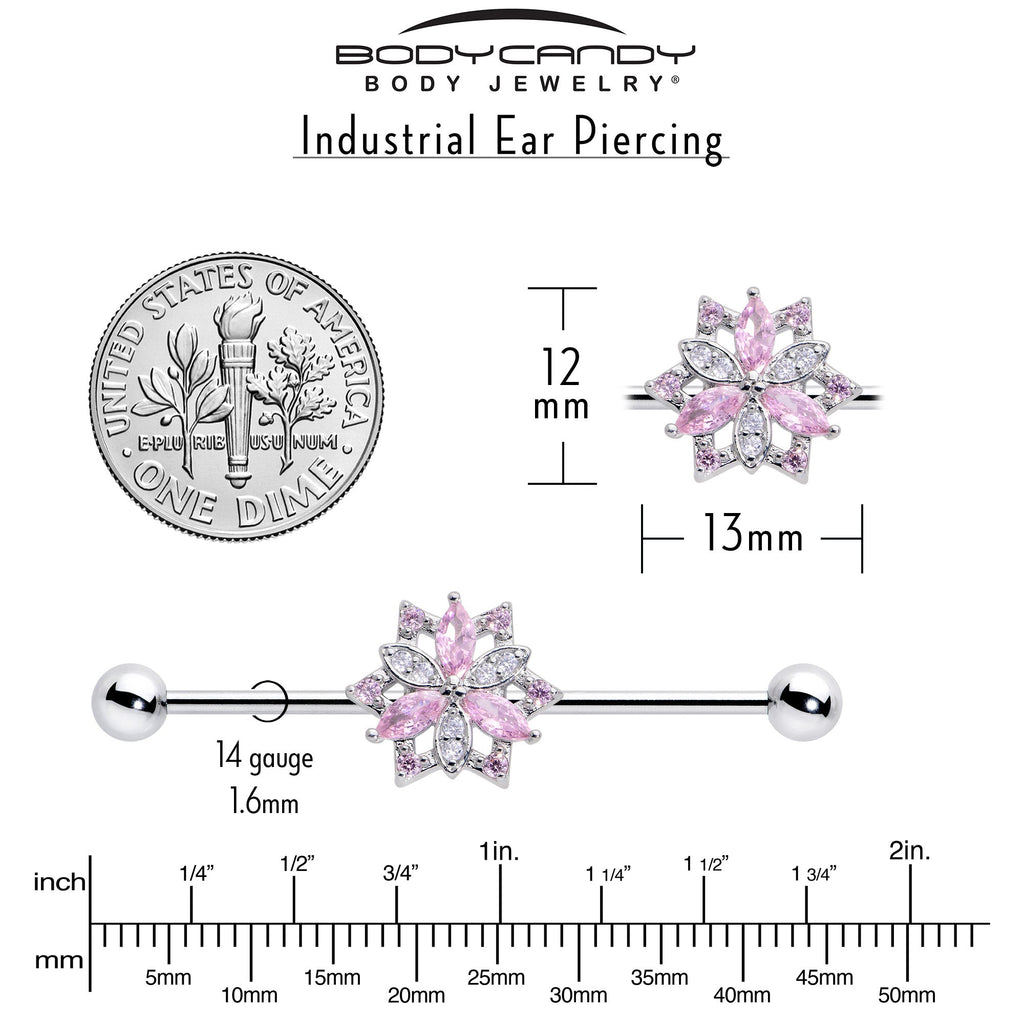BodyCandy 14G Pink Clear CZ Gem Snowflake Style Industrial Barbell 38mm — side view