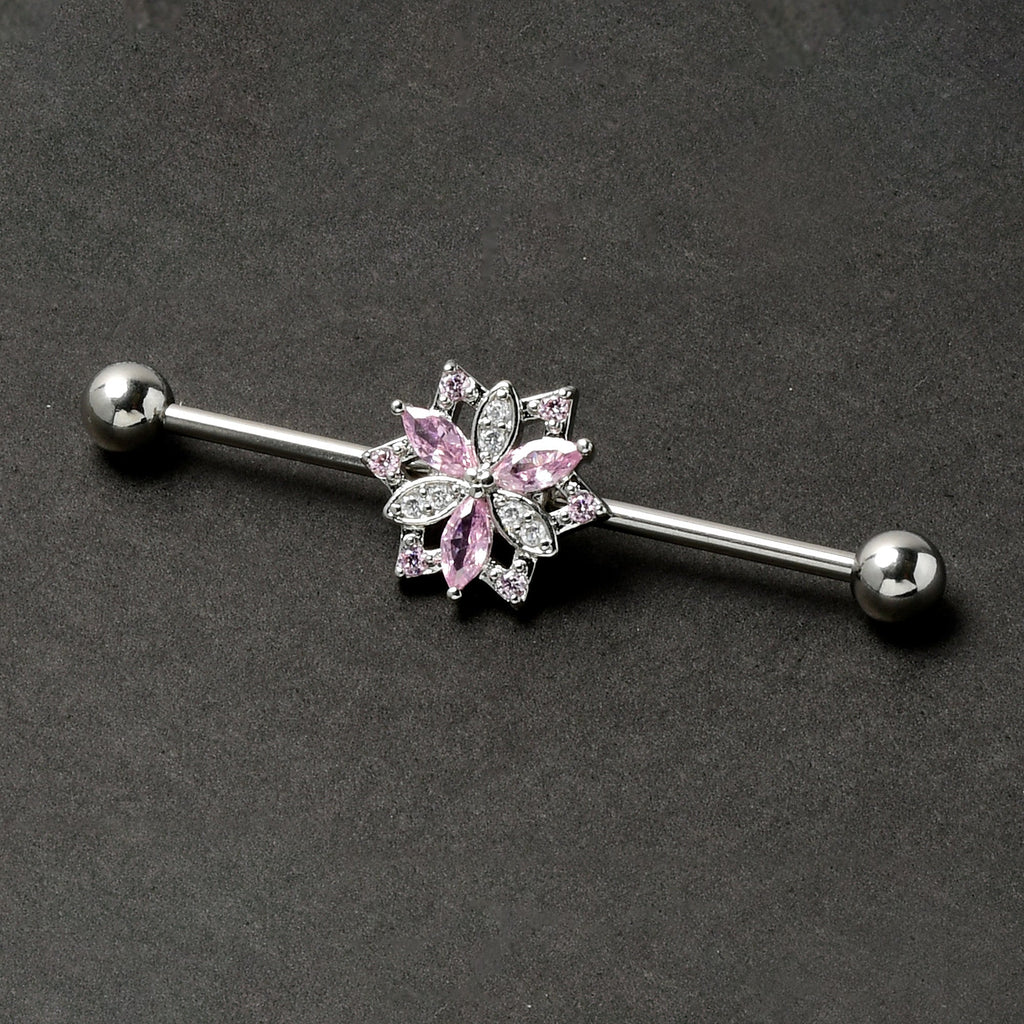 BodyCandy 14G Pink Clear CZ Gem Snowflake Style Industrial Barbell 38mm — back view