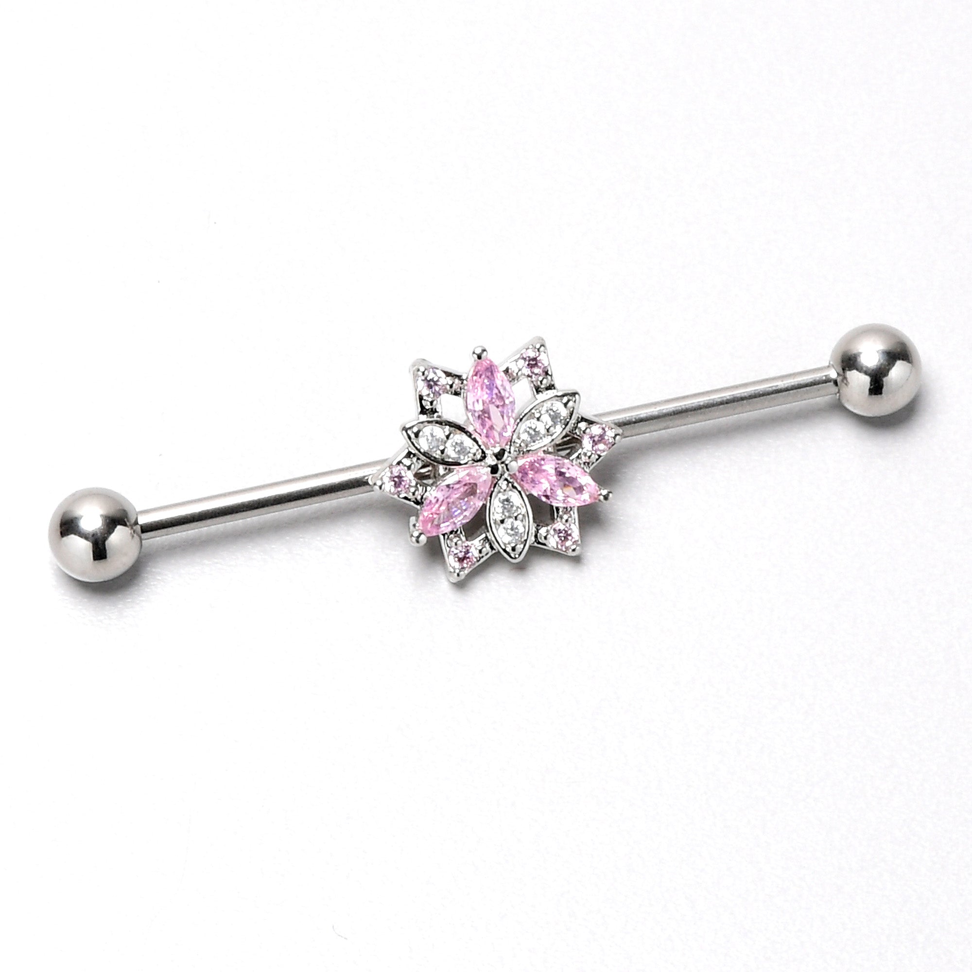 BodyCandy 14G Pink Clear CZ Gem Snowflake Style Industrial Barbell 38mm — alternative angle