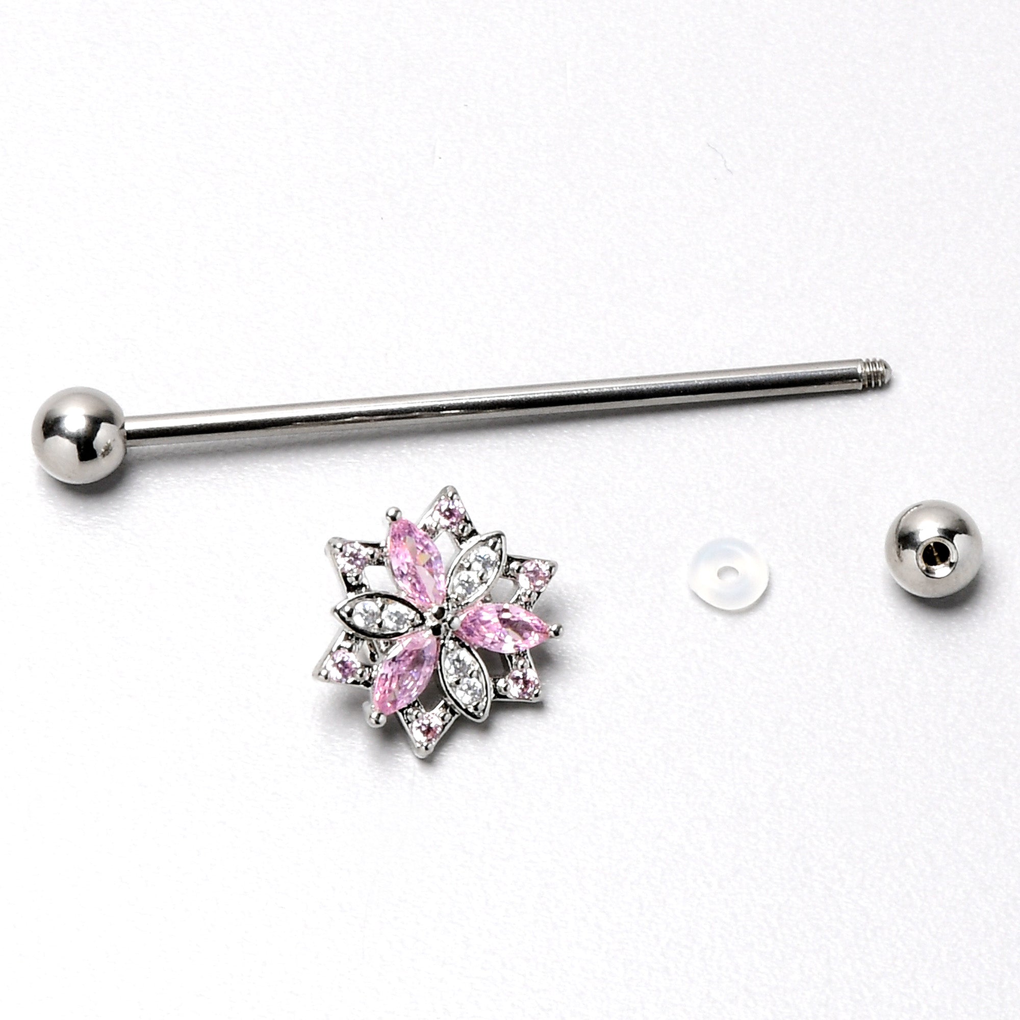 BodyCandy 14G Pink Clear CZ Gem Snowflake Style Industrial Barbell 38mm — in-use photo