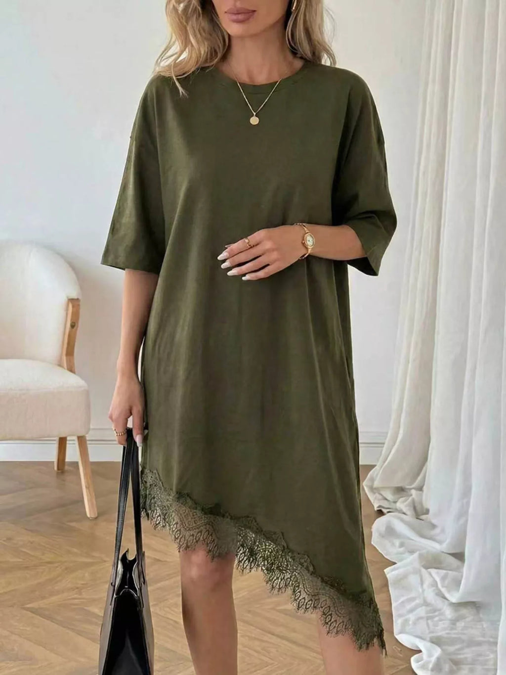 Lace Trim Asymmetrical Hem T-shirt Dress